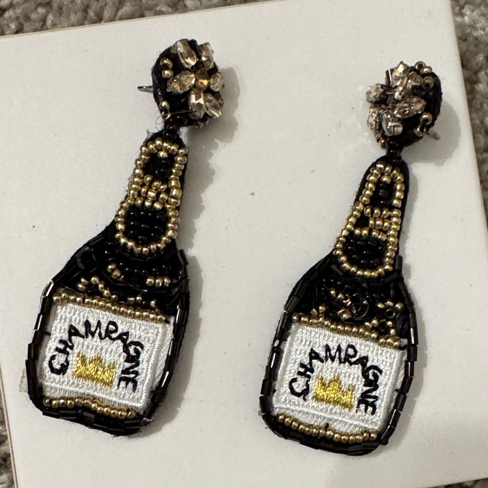 Champagne Bottle Beaded Earrings - Black and Gold